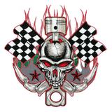 Large 8x8 Inch Piston Skull Embroidered Biker Patch, Sew/Iron On Racing Flags Motorcycle Patches for Jackets, Vests, and Clothing, Hot Rod Back Patch for Riders