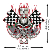 Large 8x8 Inch Piston Skull Embroidered Biker Patch, Sew/Iron On Racing Flags Motorcycle Patches for Jackets, Vests, and Clothing, Hot Rod Back Patch for Riders