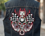 Large 8x8 Inch Piston Skull Embroidered Biker Patch, Sew/Iron On Racing Flags Motorcycle Patches for Jackets, Vests, and Clothing, Hot Rod Back Patch for Riders